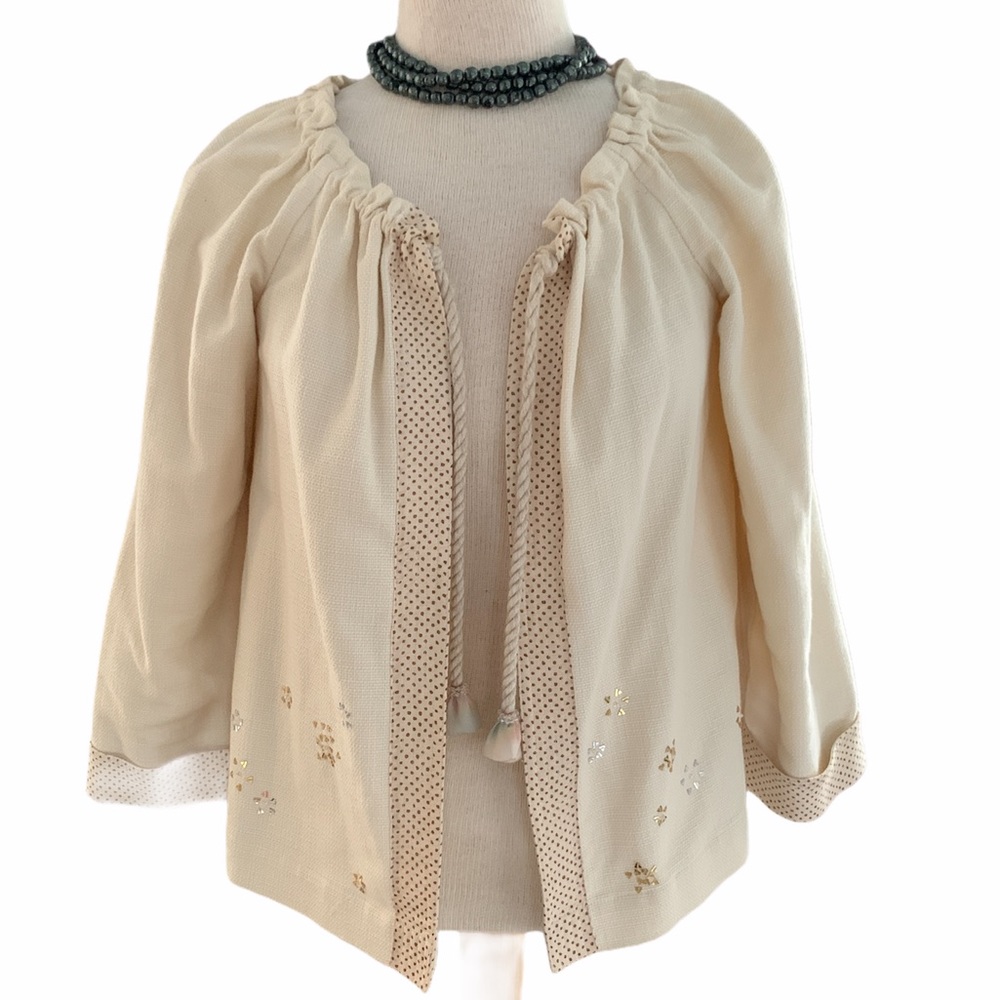 Rebecca Taylor ivory jacket w tassels, polka dots, pink & tan details sequins